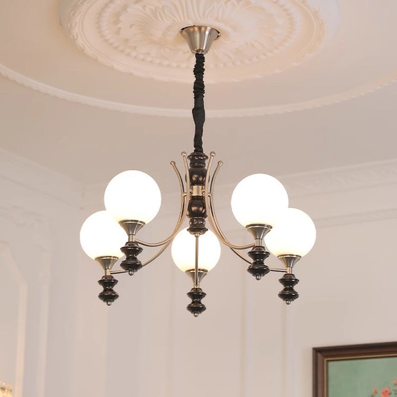 Traditional Vintage Ash Wood Metal Glass Ball 3/5/6/8 Light Chandeliers For Living Room