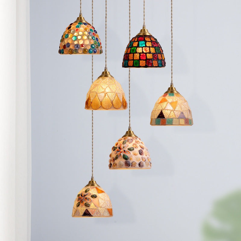 Traditional Vintage Bowl Half Round Glass Copper 1-Light Pendant Light For Living Room