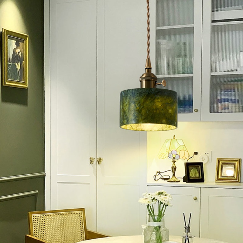 Traditional Vintage Cylinder Jade Metal Glass 1-Light Pendant Light For Bedroom