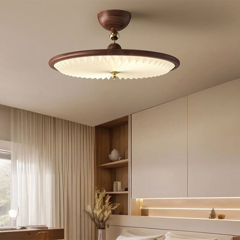 Traditional Vintage Iron Acrylic Round Pleated LED Semi-Flush Mount Ceiling Light For Bedroom