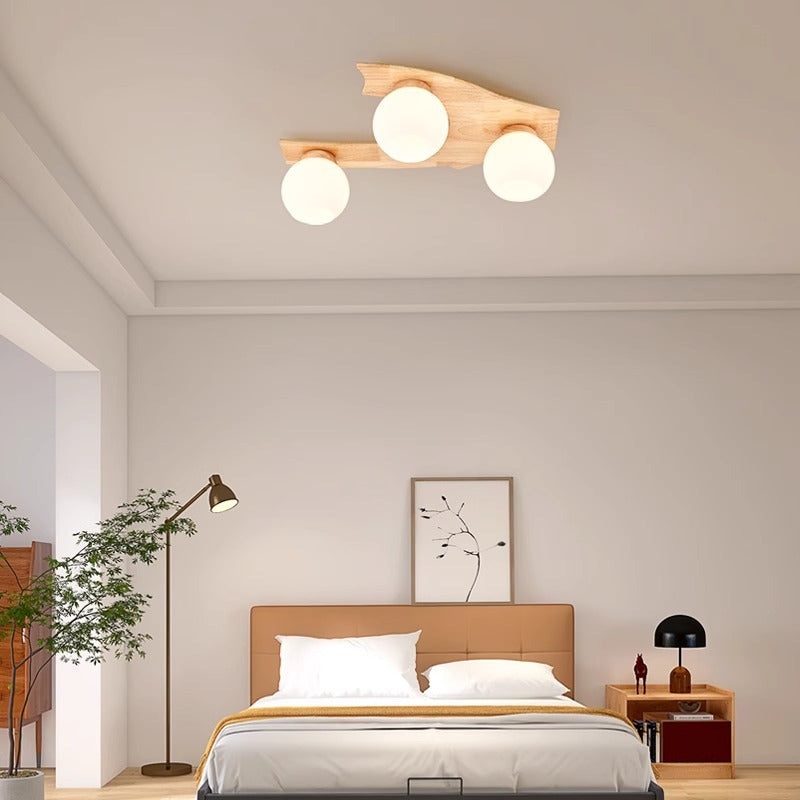 Contemporary Nordic Globe Wood Iron Glass 3/5-Light Semi-Flush Mount Ceiling Light For Living Room