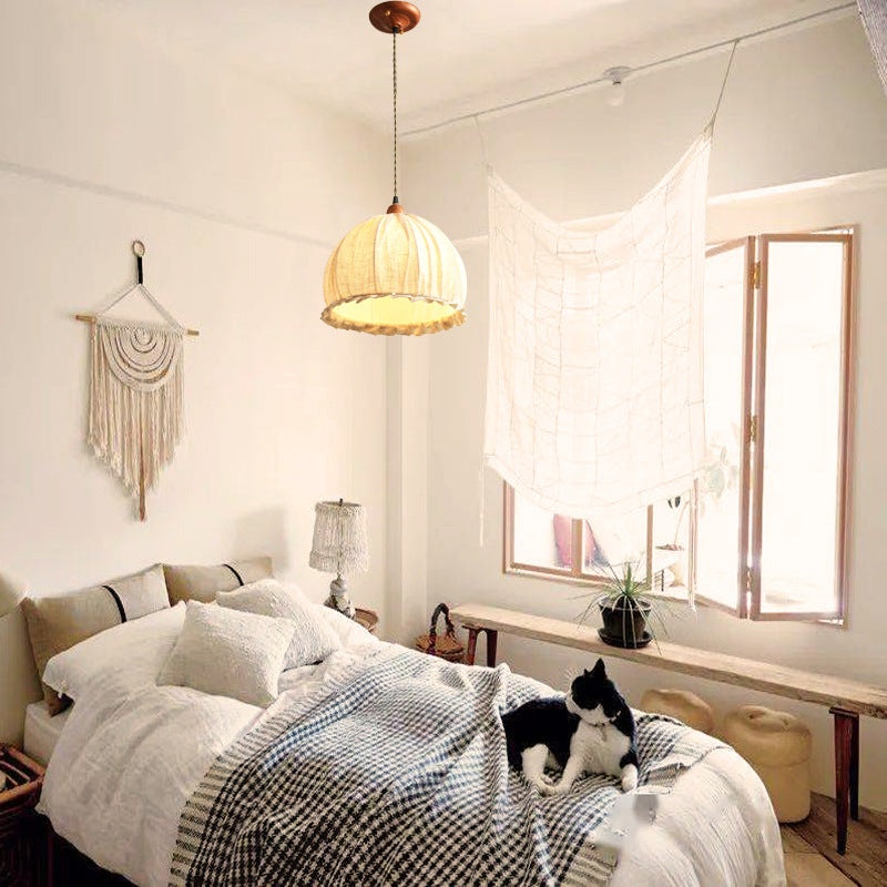 Traditional Vintage Half Round Skirted Fabric Iron 1-Light Pendant Light For Living Room