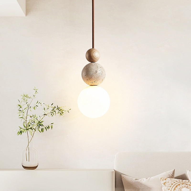 Traditional Vintage Spherical Multi Tier Solid Wood Yellow Travertine Glass 1-Light Pendant Light For Bedroom