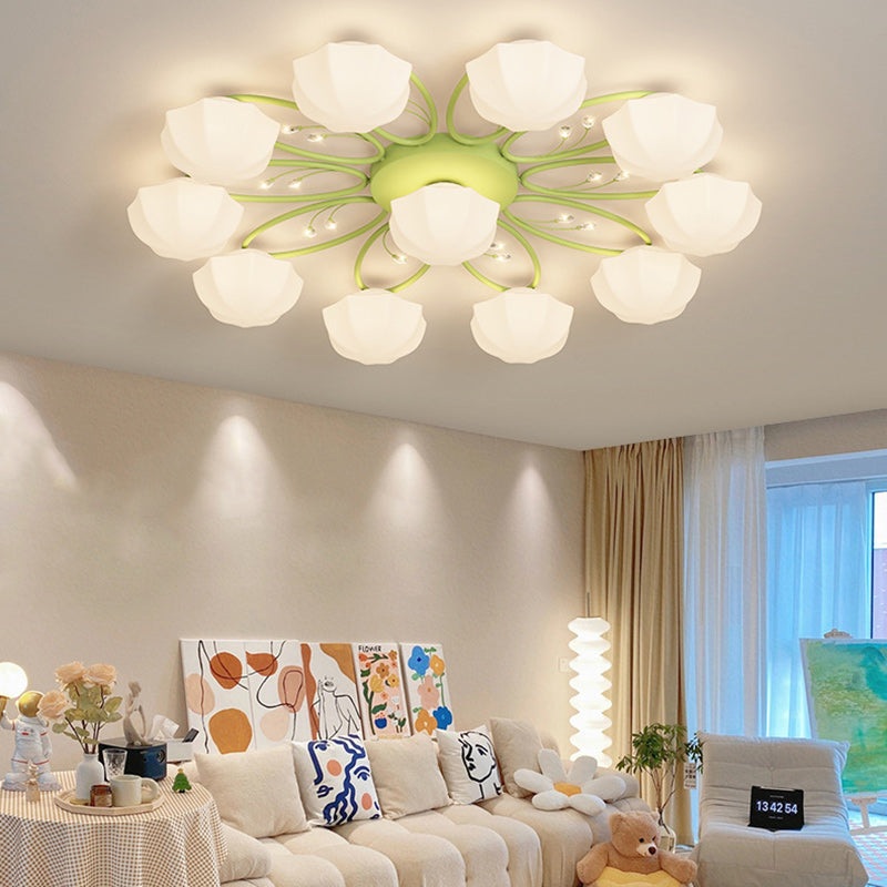 Contemporary Creative Cream Branch Flower Iron Glass 4/7/9/11 Light Semi-Flush Mount Ceiling Light For Living Room