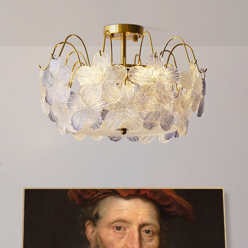 Contemporary Creative Flower Round Iron Glass 5/6 Light Semi-Flush Mount Ceiling Light For Living Room