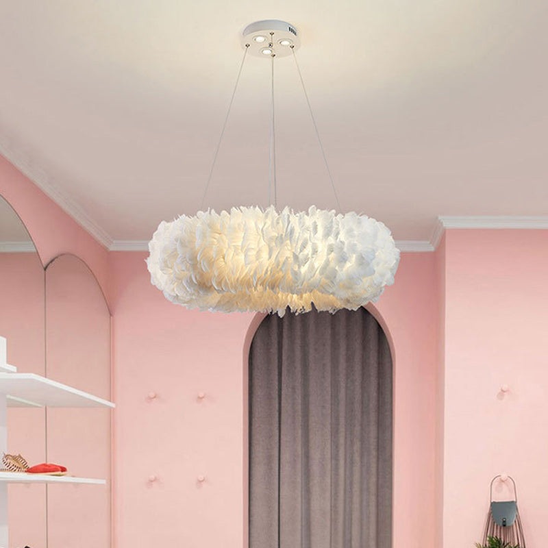 Contemporary Creative Kids Circle Feather Shade Iron 6-Light Chandelier For Bedroom
