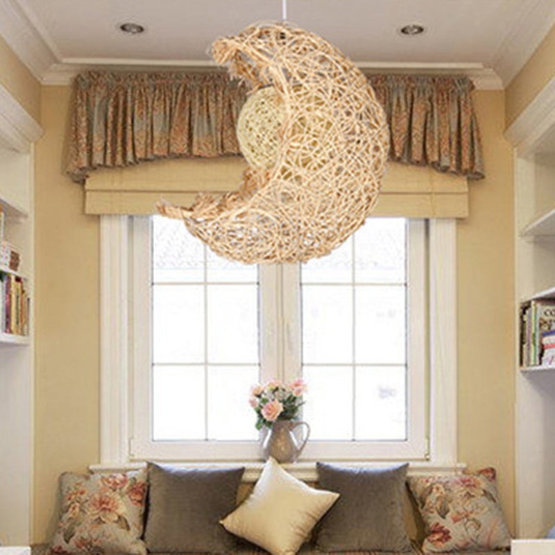 Contemporary Creative Rattan Moon Orb Twine Rope 1-Light Pendant Light For Living Room