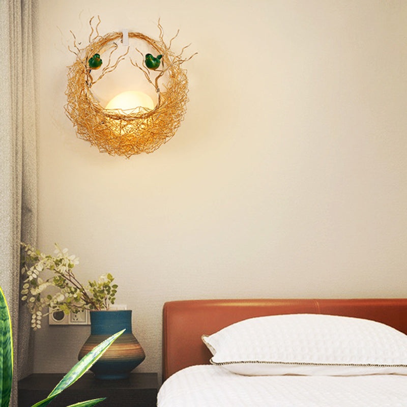 Contemporary Creative Round Bird's Nest Aluminum Hardware Glass 1-Light Wall Sconce Lamp For Living Room