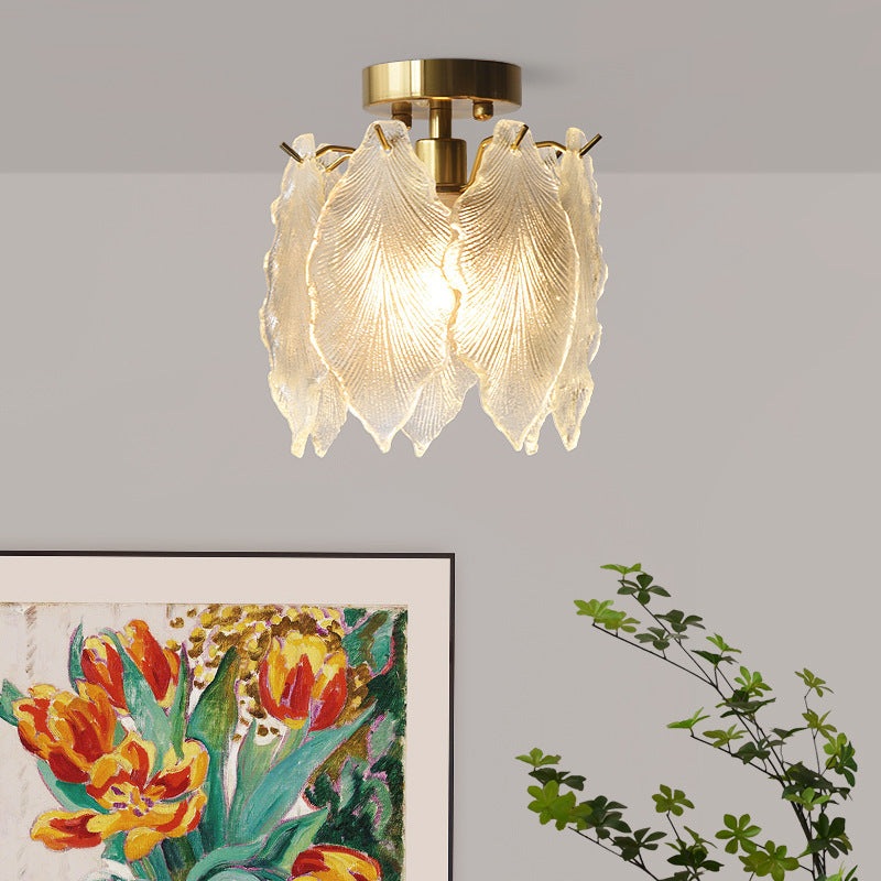 Contemporary Luxury Ribbed Leaf Pearl Iron Glass 1-Light Semi-Flush Mount Ceiling Light For Living Room