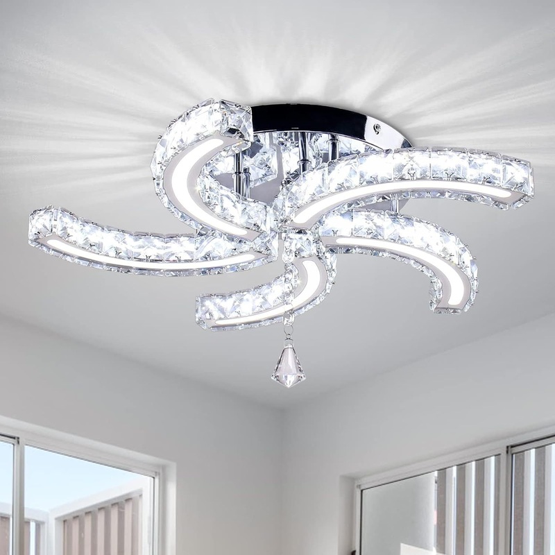 Contemporary Luxury Stripe Crystal Steel Acrylic LED Semi-Flush Mount Ceiling Light For Living Room