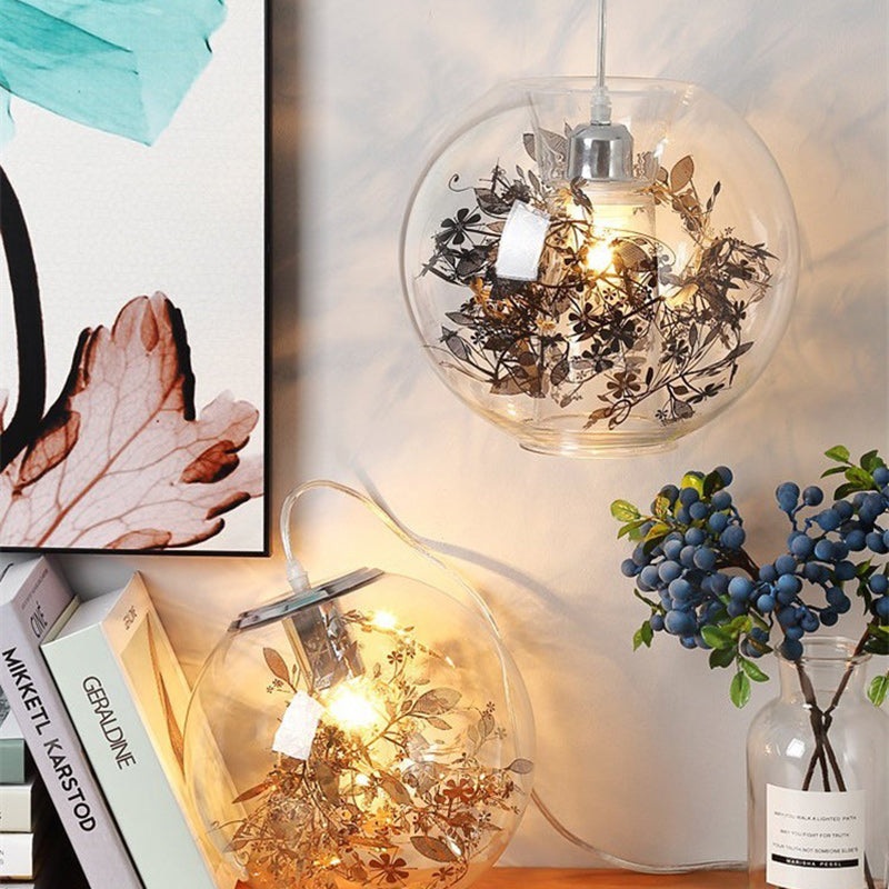 Contemporary Nordic Orb Snowflake Leaf Glass Shade Iron 1-Light Pendant Light For Living Room