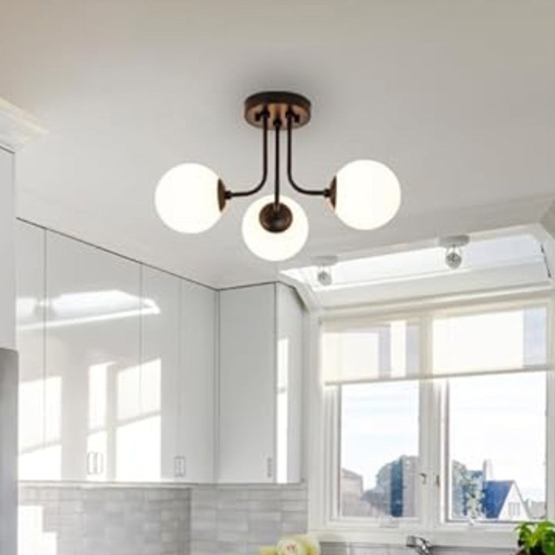 Modern Minimalist Branch Pole Round Ball Iron Glass 3/6 Light Semi-Flush Mount Ceiling Light For Living Room