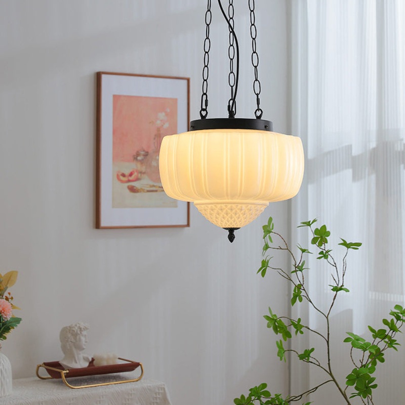 Traditional Vintage Diamond Round Iron Glass 3-Light Pendant Light For Bedroom