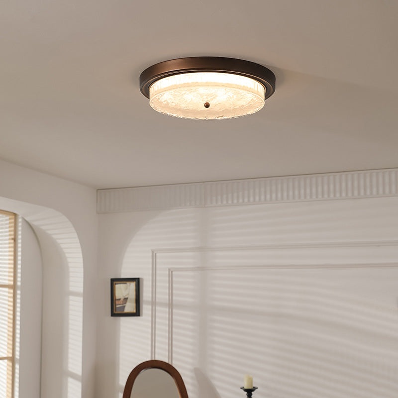 Traditional Vintage Round Iron Glass LED Flush Mount Ceiling Light For Living Room