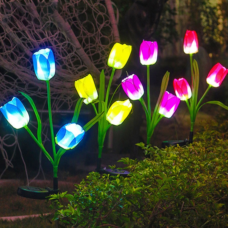 Contemporary Creative Solar Waterproof Faux Tulip Stainless Steel ABS Fabric LED Ground Plug Lawn Landscape Lamp For Outdoor Patio