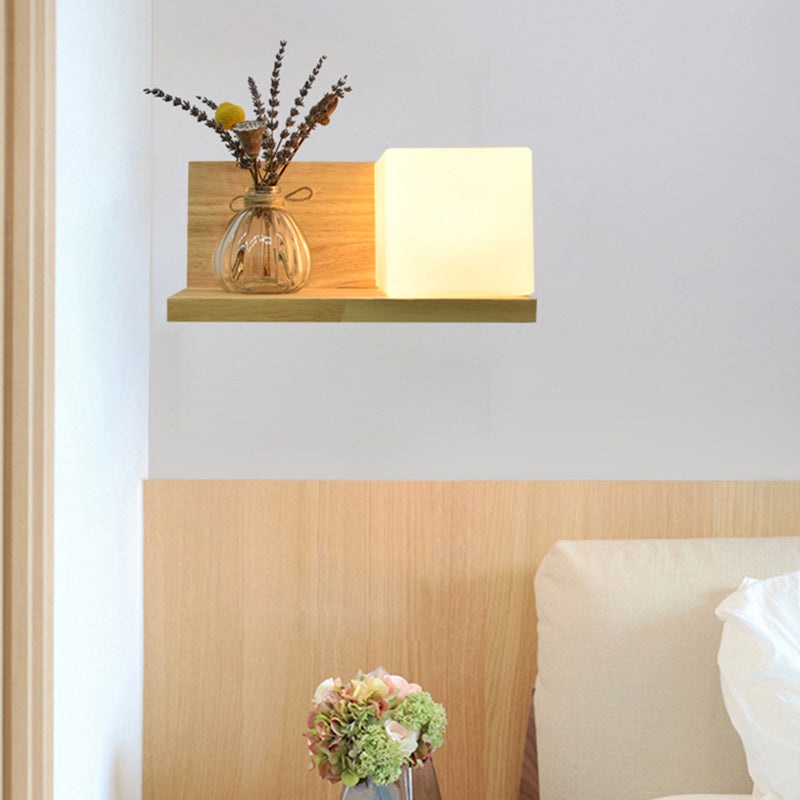 Contemporary Creative Square House Twisted Rectangle Glass Shade Wood 1-Light Wall Sconce Lamp For Bedroom