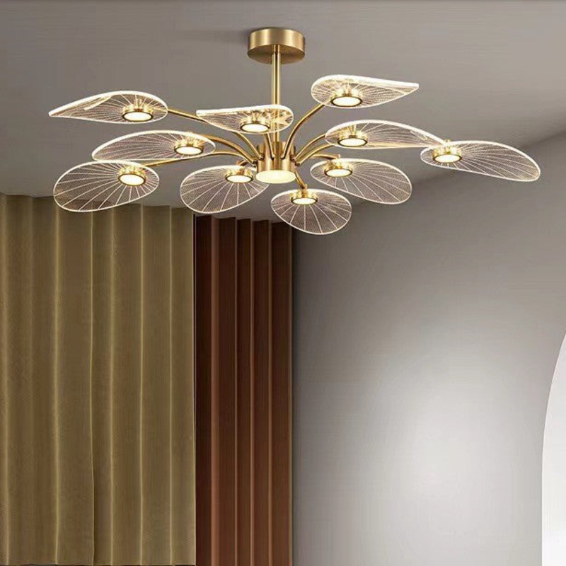 Contemporary Luxury Acrylic Leaves Texture Shade Golden Finish Frame LED Chandelier For Living Room