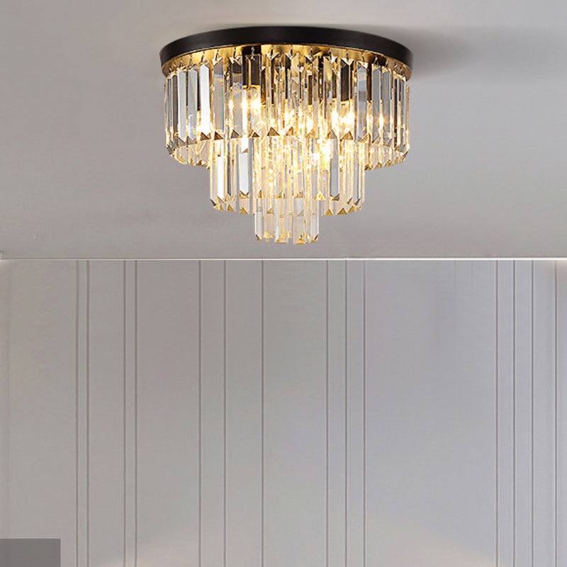 Modern Luxury Round Multi-Level Rectangle Crystal Iron 6-Light Semi-Flush Mount Ceiling Light For Living Room