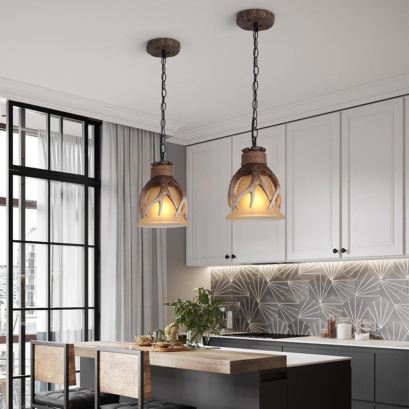 Traditional Vintage Antler Resin Glass Shade 1-Light Pendant Light For Living Room
