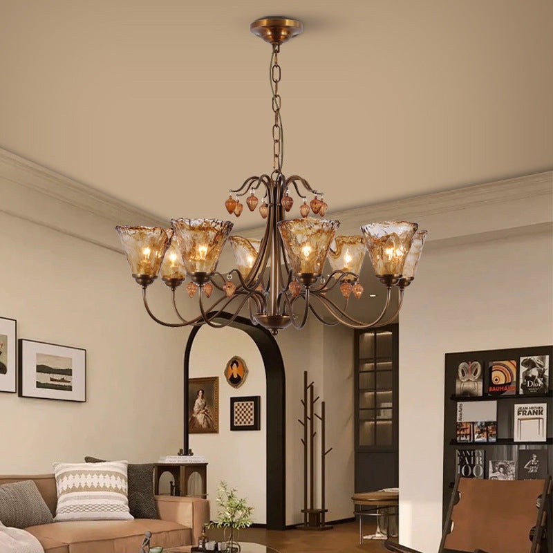 Traditional Vintage Full Copper Frame Glass Cup Shade 8-Light Chandelier For Living Room
