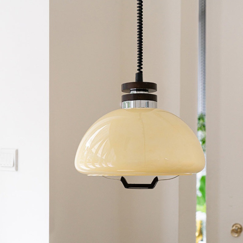 Traditional Vintage Hemisphere Iron Solid Wood Glass 1-Light Pendant Light For Bedroom