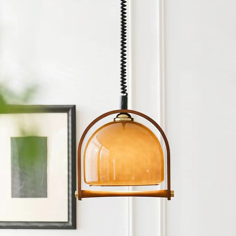 Contemporary Retro Stretchable Round Arch Solid Wood Frame Glass Shade 1-Light Pendant Light For Living Room