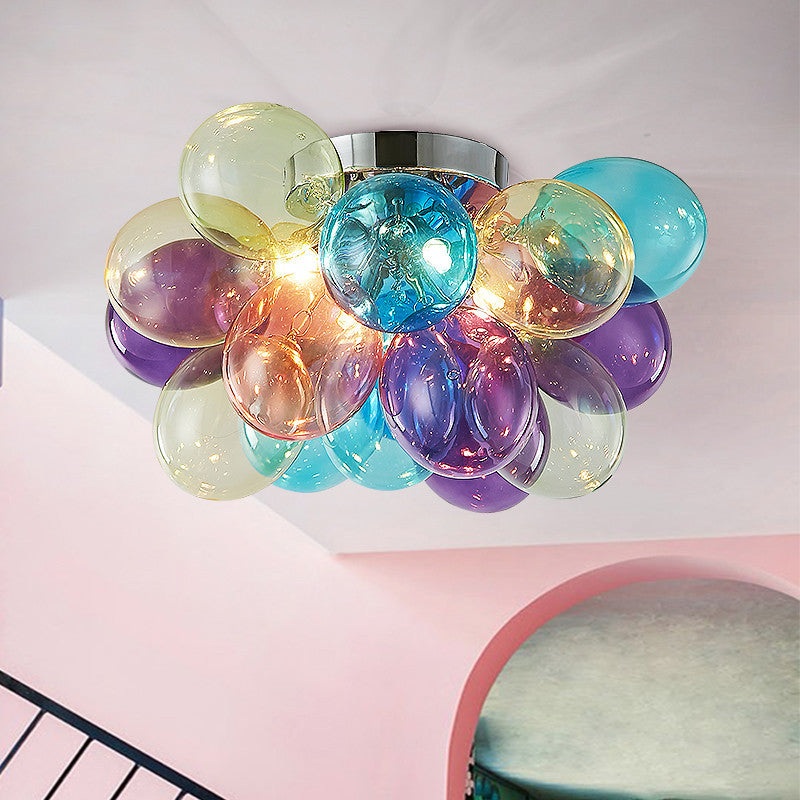 Contemporary Scandinavian Kids Iron Glass Bubble Balloon 3/4/6 Light Semi-Flush Mount Ceiling Light For Bedroom