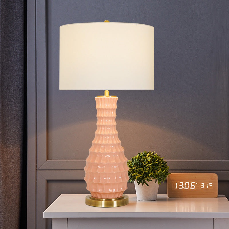 Contemporary Scandinavian Round Cylinder Fabric Ceramic Hardware 1-Light Table Lamp For Living Room
