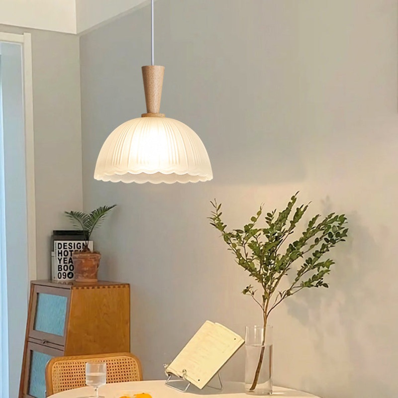 Contemporary Scandinavian Round Oval Cone Wood Glass 1-Light Pendant Light For Bedroom