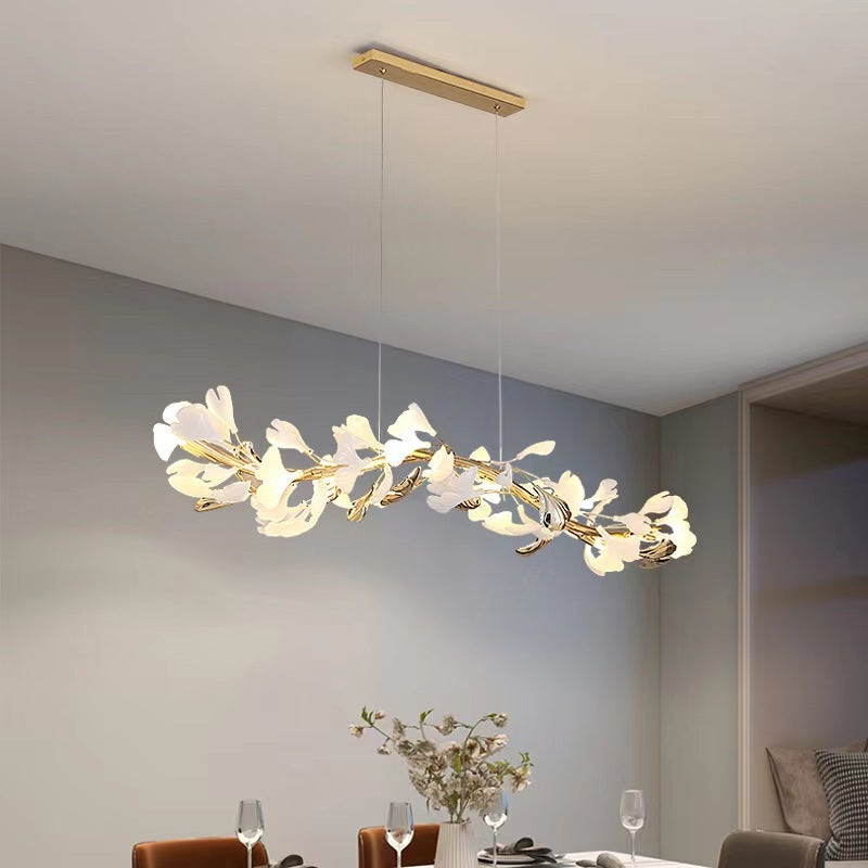 Contemporary Scandinavian Tree Branch Ginkgo Leaf Iron Plastic Porcelain 8-Light Chandelier For Living Room