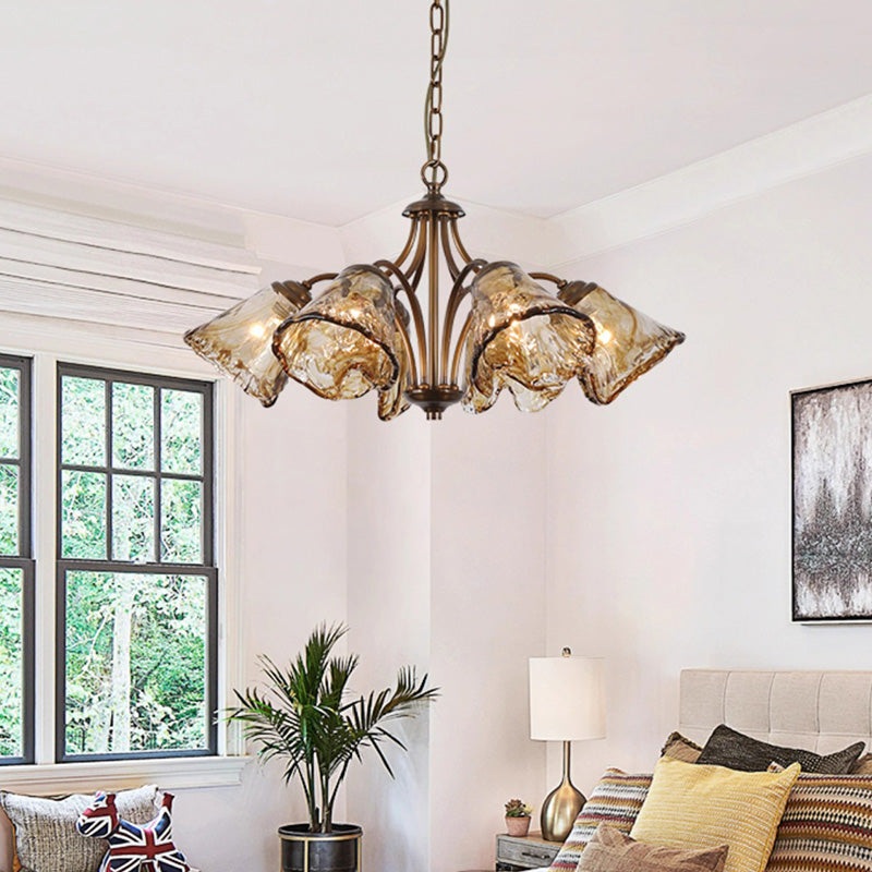 Traditional Vintage Branching Trombone Copper Glass 6/8 Light Chandelier For Living Room
