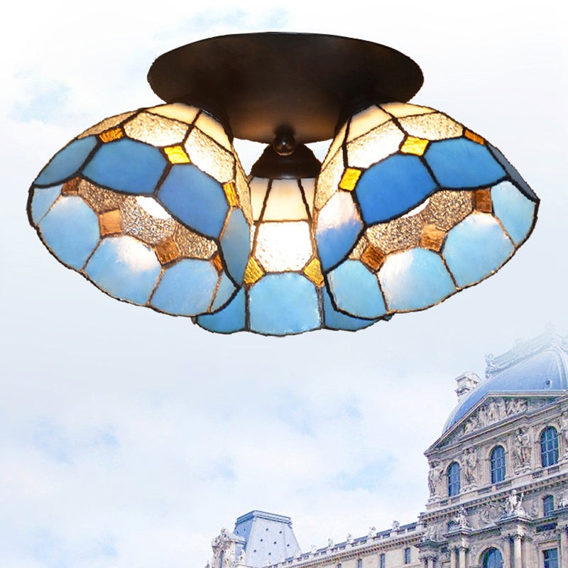 Traditional Vintage Flared Branch Glass Iron 3-Light Semi-Flush Mount Ceiling Light For Bedroom