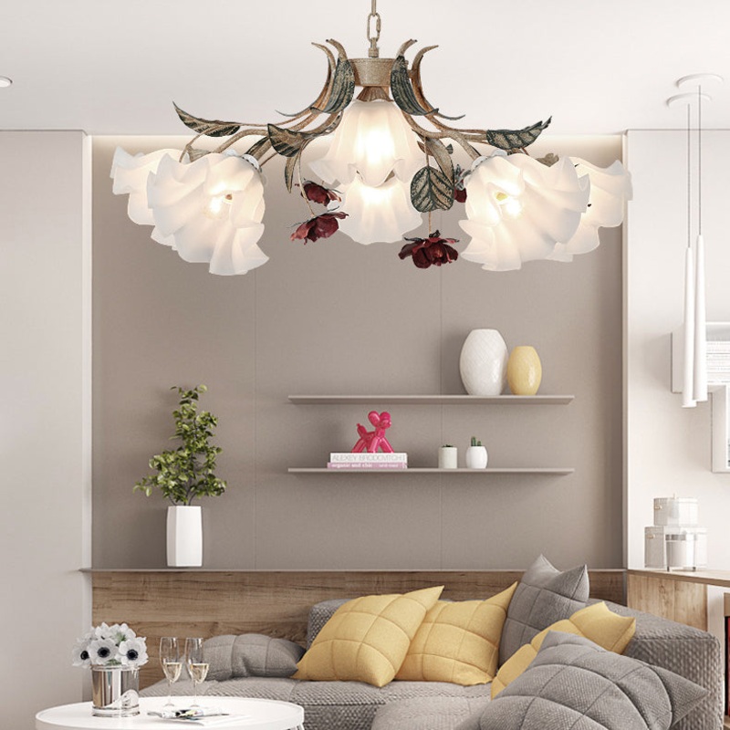 Traditional Vintage Flower Iron Glass 4/6/9 Light Chandelier For Living Room