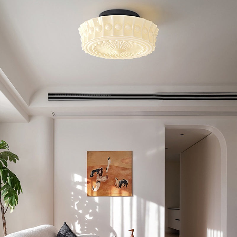 Traditional Vintage Round Pattern Glass Iron LED Semi-Flush Mount Ceiling Light For Bedroom