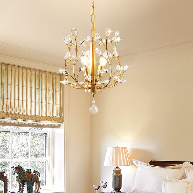 Traditional Vintage Twig Shape Iron Crystal 3-Light Chandelier For Living Room