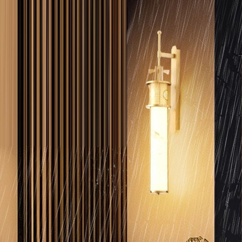 Contemporary Luxury Iron Long Pole Marble Cylinder Shade LED Wall Sconce Lamp For Living Room