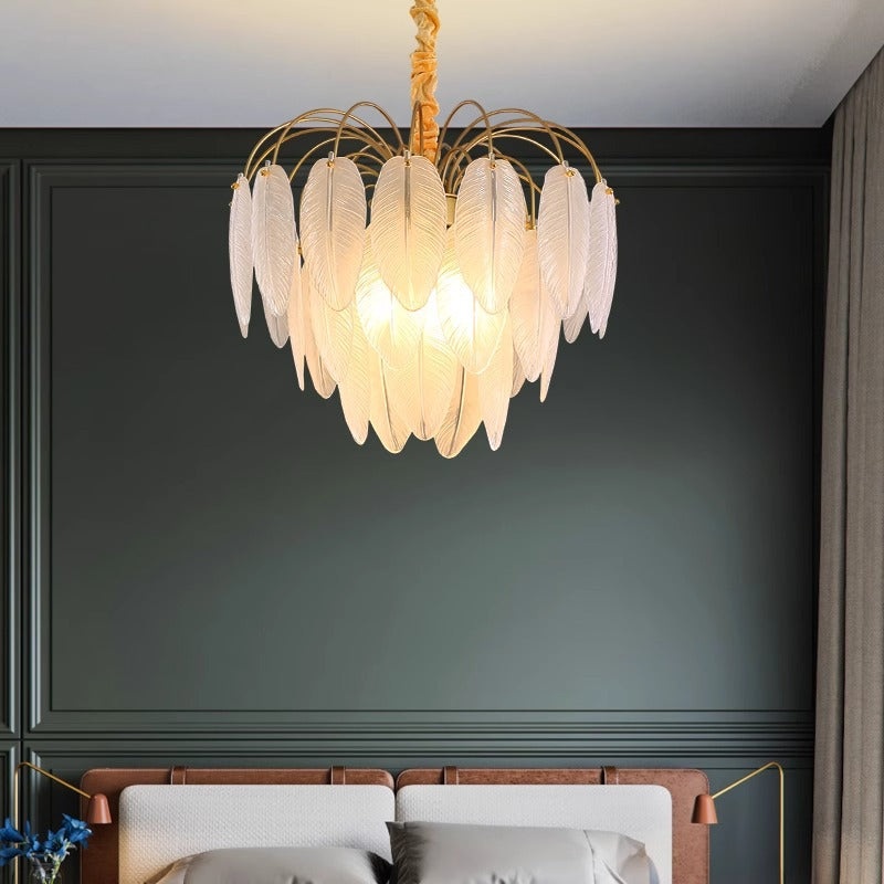 Contemporary Nordic Round Leaf Iron Frame Glass Shade 4/12/18 Light Chandelier For Living Room