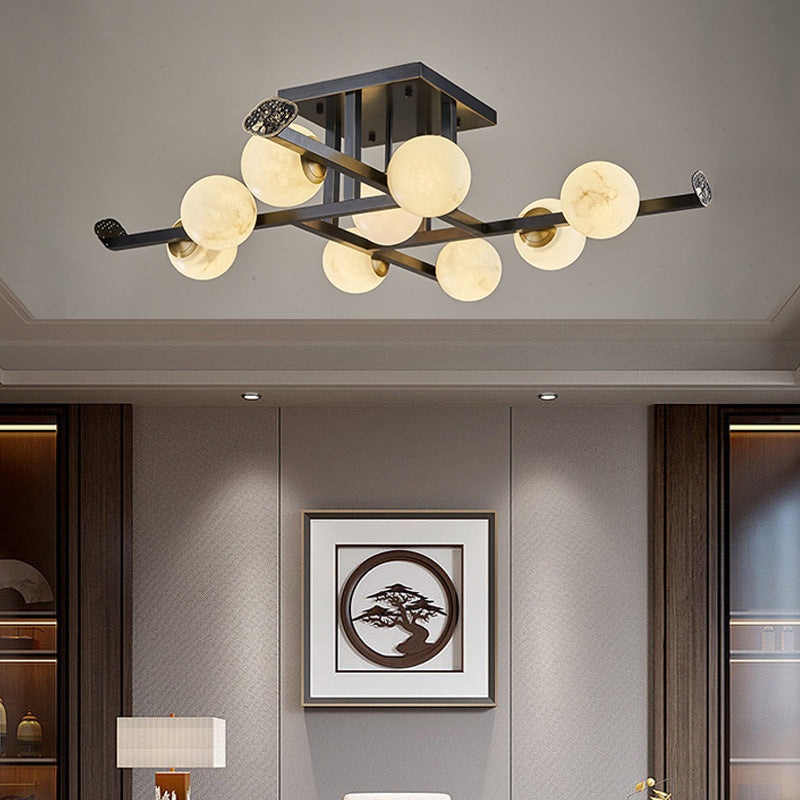 Modern Luxury Marble Ball Shade Copper 5/9-Light Semi-Flush Mount Ceiling Light For Living Room