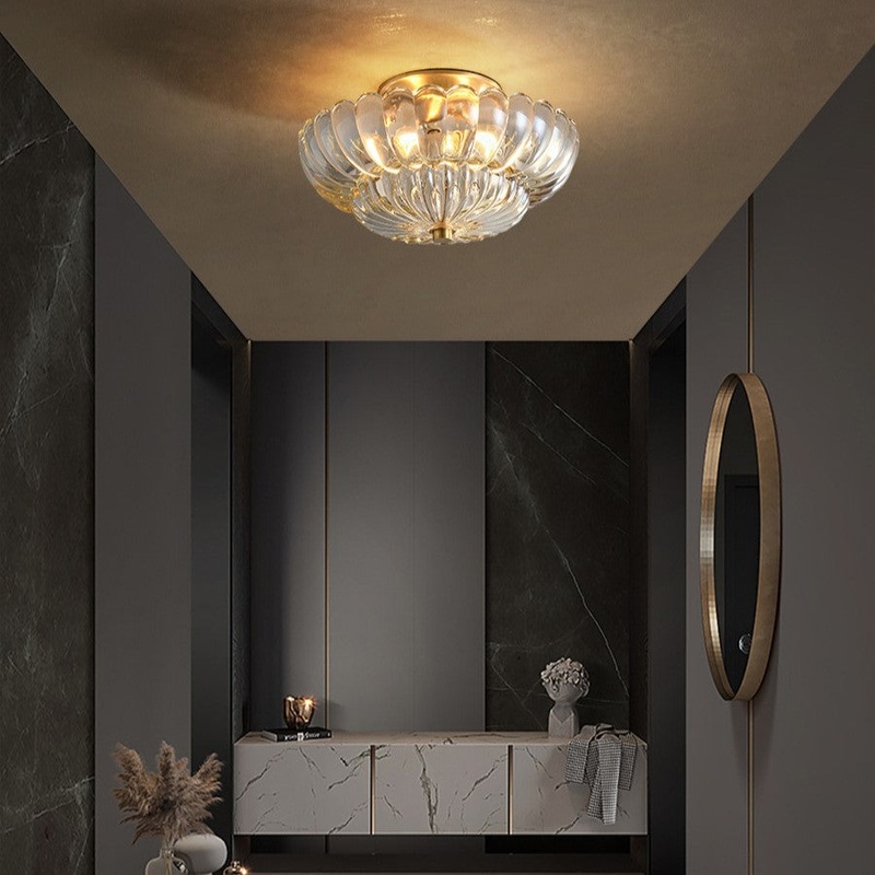 Modern Luxury Round Dome Flower Petal Iron Glass 3-Light Semi-Flush Mount Ceiling Light For Hallway