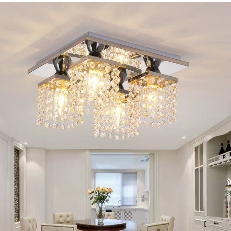 Modern Luxury Square Stainless Steel Frame Crystal Shade 4-Light Semi-Flush Mount Ceiling Light For Living Room