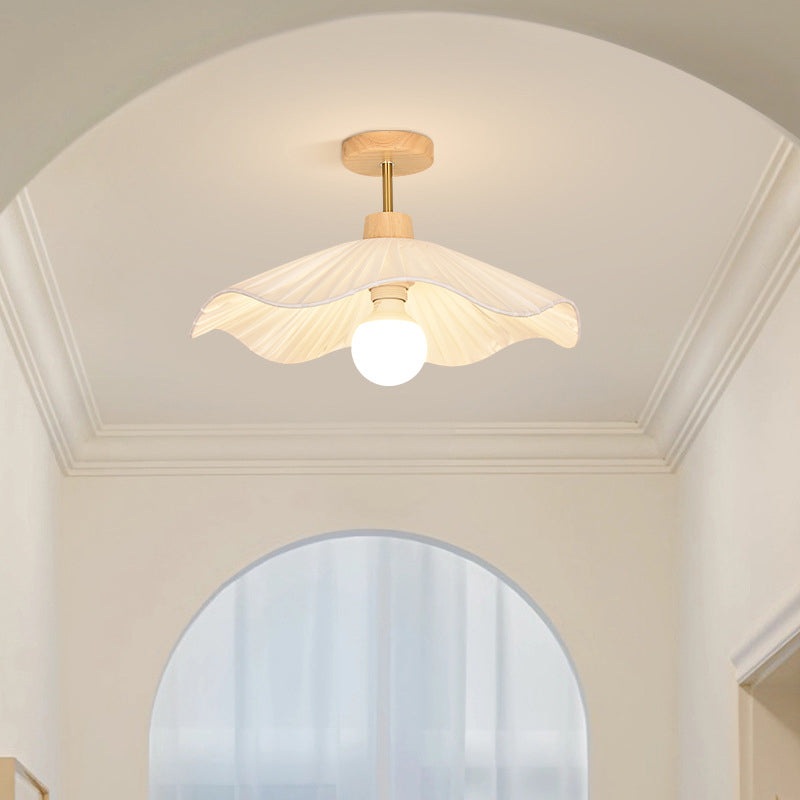 Modern Minimalist Round Flower Wooden Fabric Shade 1-Light Semi-Flush Mount Ceiling Light For Living Room