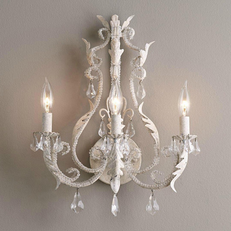 Traditional French Iron Crystal Candlestick Holder 3-Light Wall Sconce Lamp For Bedside