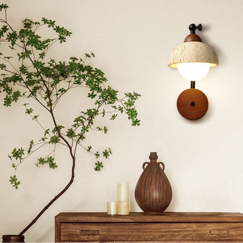 Traditional Vintage Dome Round Natural Yellow Travertine Shade Iron Solid Wood Frame 1-Light Wall Sconce Lamp For Bedroom