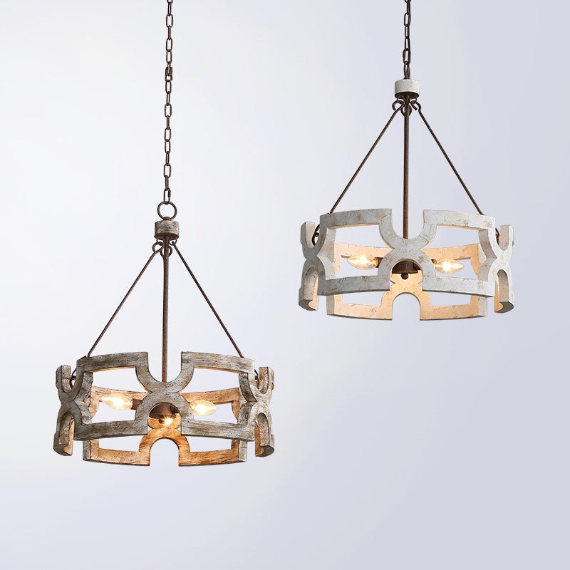 Traditional Vintage Solid Wood Iron Round Drum Hollowed 3-Light Chandeliers For Dining Room