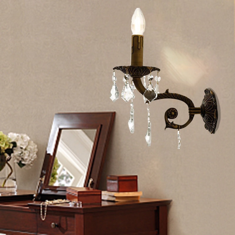 Traditional Vintage Twig Candle Shaped Copper Crystal 1-Light Wall Sconce Lamp For Bedroom