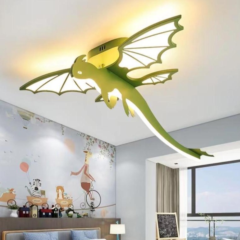 Contemporary Creative Cartoon Kids Dinosaur Oval Chassis Iron PVC Acrylic LED Semi-Flush Mount Ceiling Light Kids Light For Bedroom