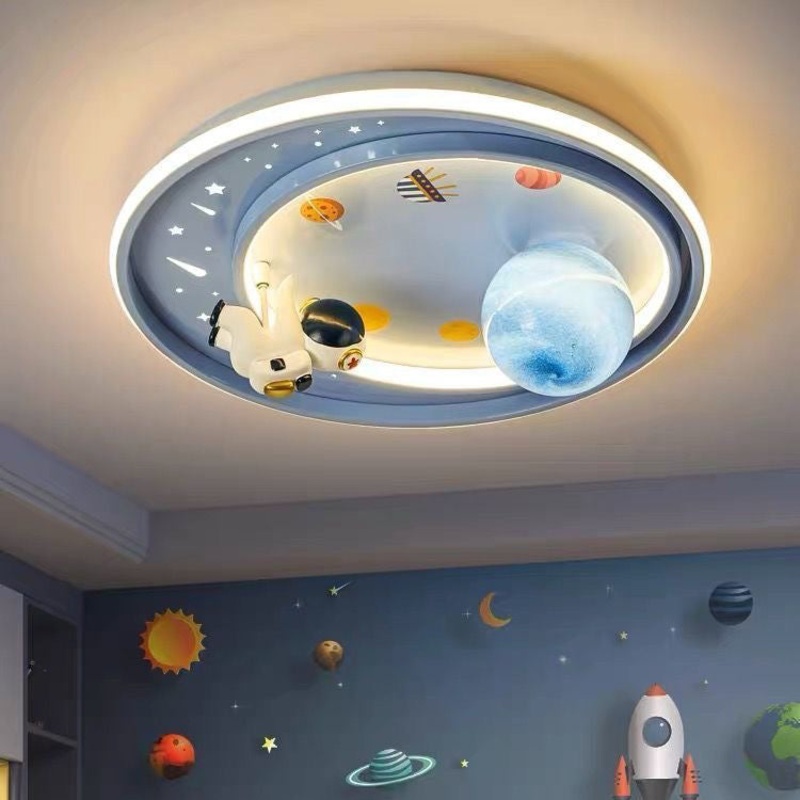 Contemporary Creative Iron Acrylic Cartoon Astronaut Spaceman Planet LED Flush Mount Ceiling Light For Living Room
