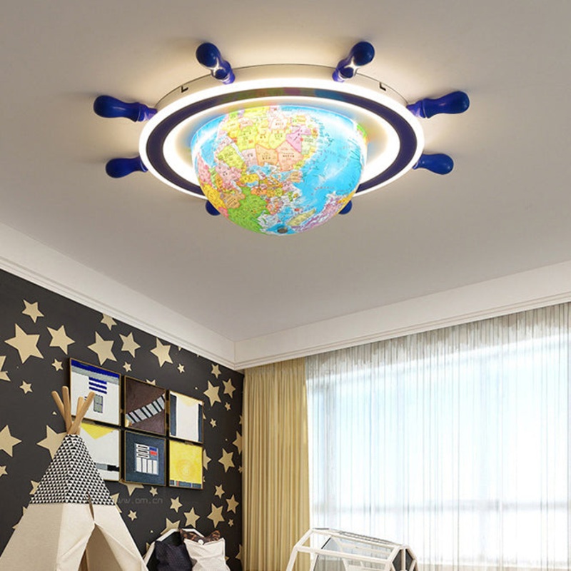 Contemporary Creative Iron Resin Cartoon Spinning Globe Ship Rudder LED Kids Flush Mount Ceiling Light For Bedroom