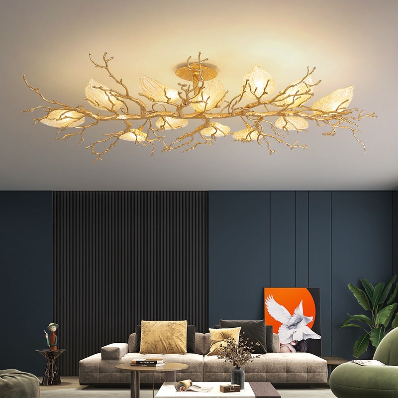 Contemporary Luxury Copper Branch Leaf 10/15 Light Semi-Flush Mount Ceiling Light For Living Room