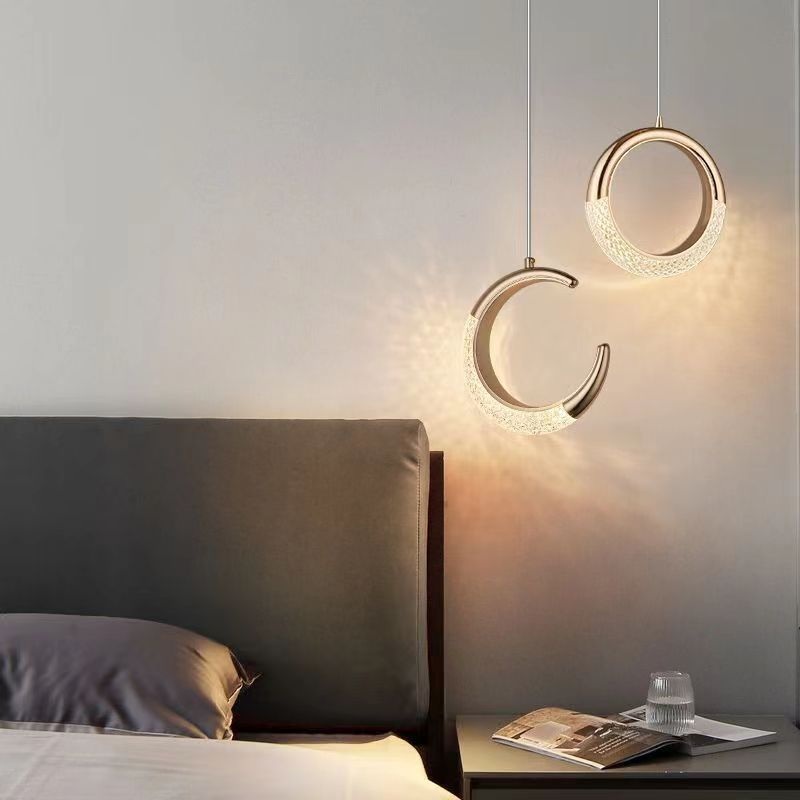Modern Luxury Ring Moon Round Aluminum Hardware Acrylic LED Pendant Light For Bedroom